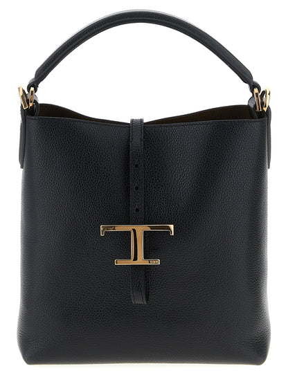 Mini Bucket Handbag by Tod's for women in calfskin leather black features a signature silhouette, showcasing a secure snap & button and signature with versatile shoulder-strap, handle & adjustable-strap for a sophisticated look.
