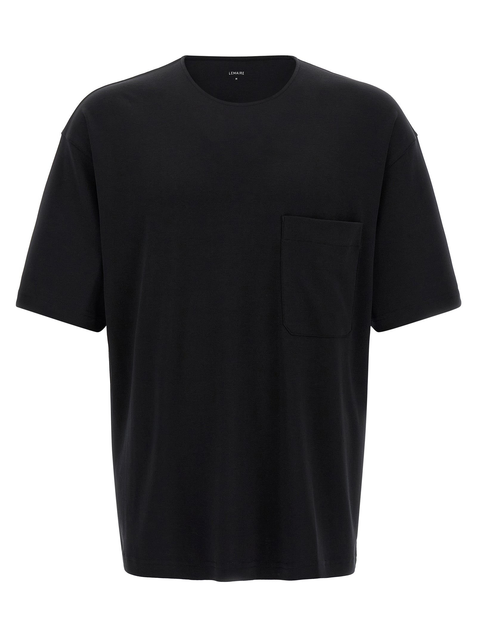 T-Shirt by Lemaire for men in cotton & silk black showcases a fashionable silhouette, elegantly detailed with a fashionable short-sleeve and round neckline for a sophisticated, high-fashion look.