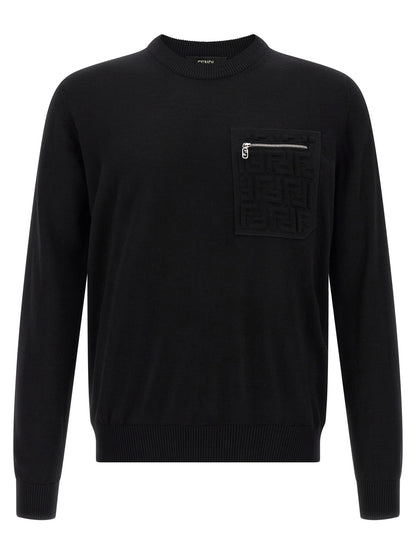 Cardigan by Fendi for men in polyamide & virgin wool black presents a textural silhouette, artfully finished with a textural crew neckline and for a sophisticated, textural look.