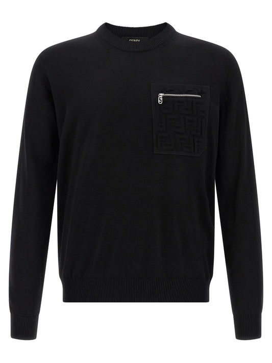 Cardigan by Fendi for men in polyamide & virgin wool black presents a textural silhouette, artfully finished with a textural crew neckline and for a sophisticated, textural look.