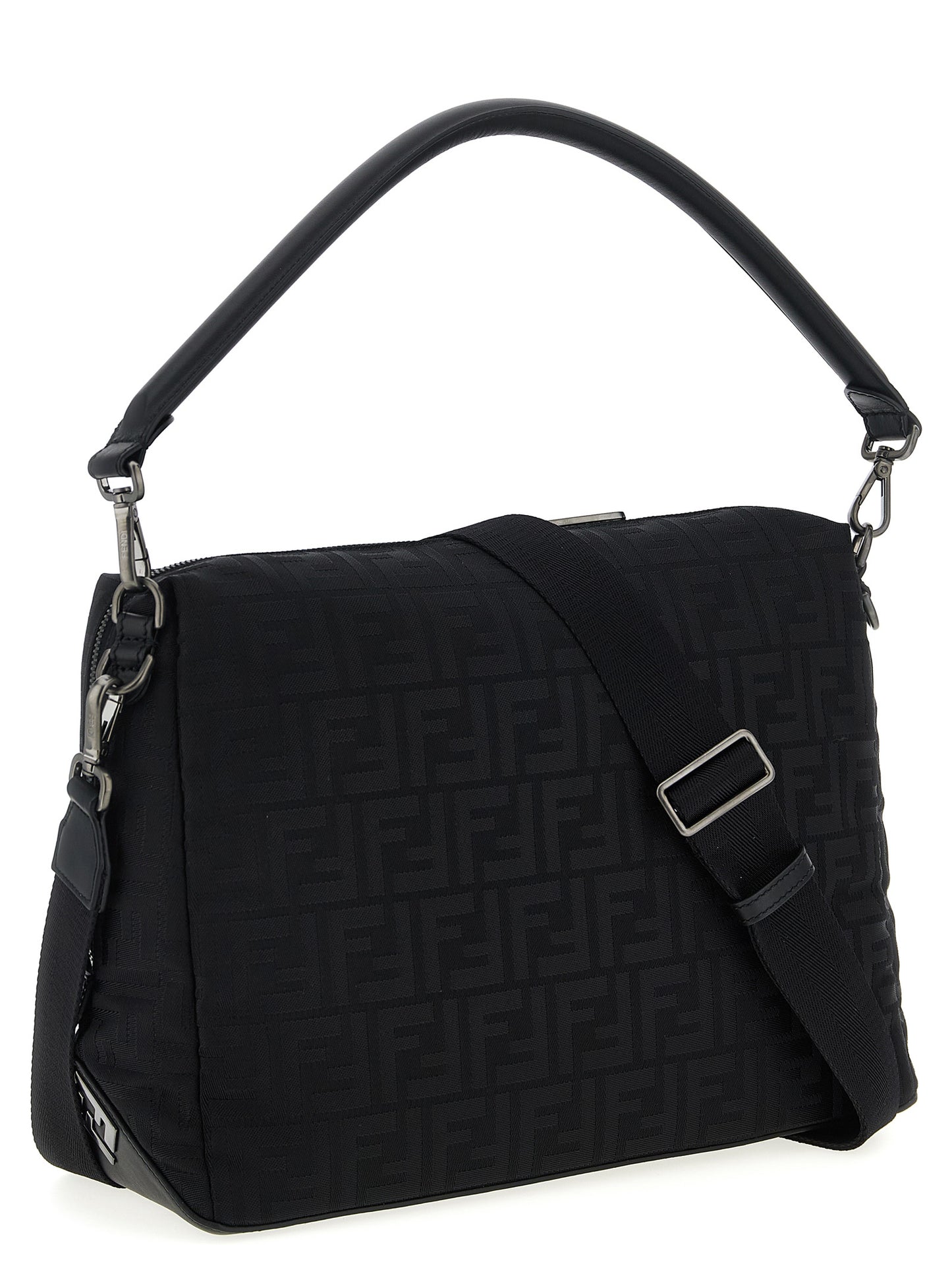 Large Shoulder Bag by Fendi for men in calf leather & poly nylon black presents a versatile silhouette, showcasing a secure zipper and versatile with versatile shoulder-strap, adjustable-strap, detachable-strap & handle for a sophisticated look.
