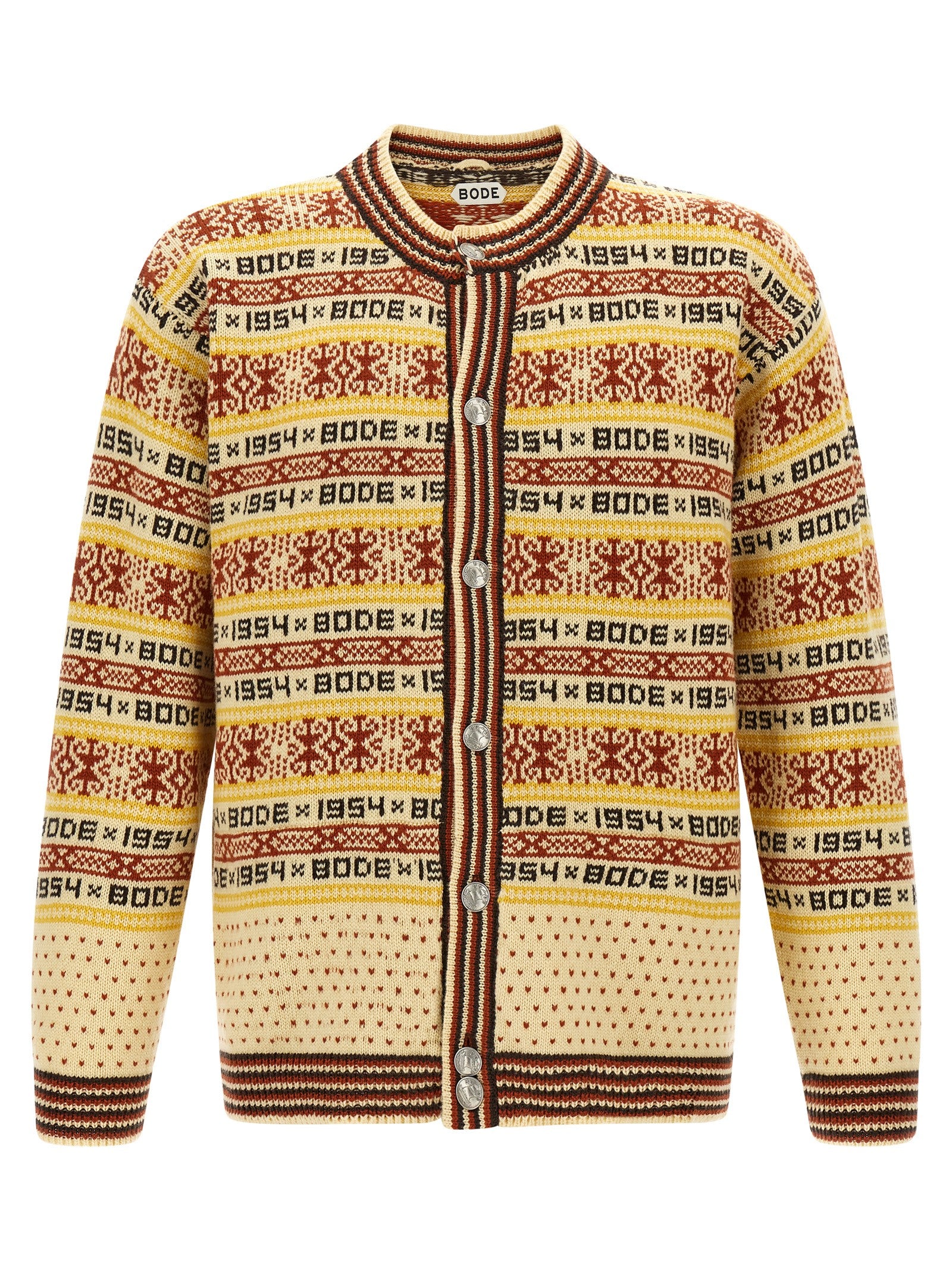 Cardigan by BODE for men in wool multicolor, patterned & jacquard showcases a luxurious silhouette, meticulously detailed with a sophisticated crew neckline and for a refined finish.