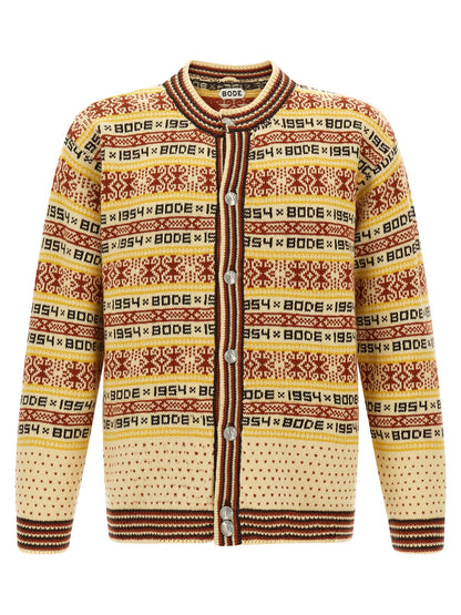 Cardigan by BODE for men in wool multicolor, patterned & jacquard showcases a luxurious silhouette, meticulously detailed with a sophisticated crew neckline and for a refined finish.