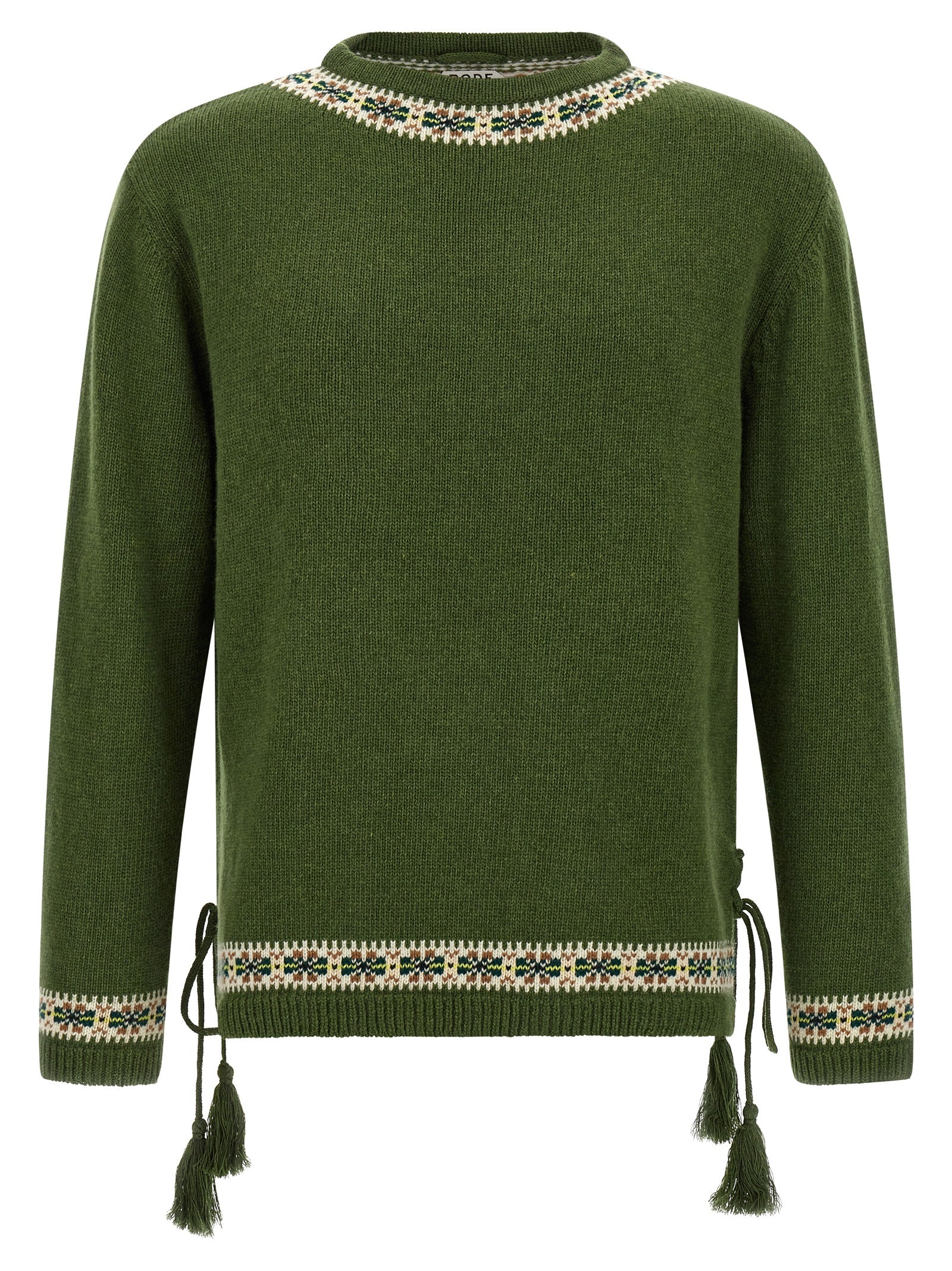 Cardigan by BODE for men in virgin wool bicolour, green, patterned & jacquard showcases a captivating silhouette, artfully detailed with a captivating long-sleeve and crew neckline for a truly sophisticated captivating look.