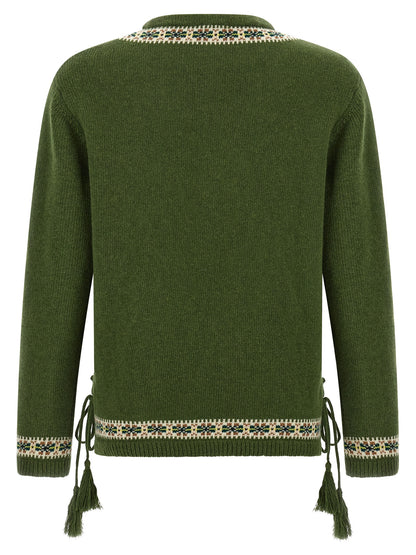 Cardigan by BODE for men in virgin wool bicolour, green, patterned & jacquard features an impeccable silhouette, showcasing a sophisticated crew neckline and detail for a truly impeccable finish.