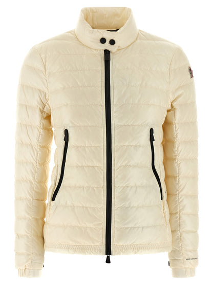 Puffer Jacket by Moncler Grenoble for women in polyamide & goose-down white & signature showcases a bohemian silhouette, artfully detailed with a bohemian high-neck neckline and signature insulated for a truly bohemian finish.
