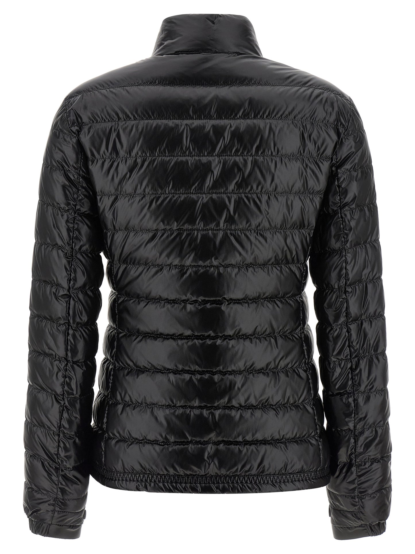 Puffer Jacket by Moncler Grenoble for women in nylon & goose-down black & signature features a city-ready silhouette, detailed with insulated and a city-ready high-neck neckline.