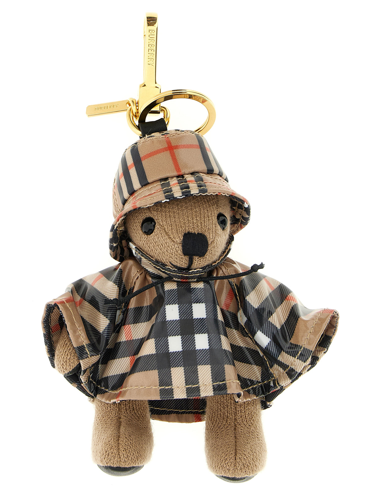 Burberry Plush Cashmere & Leather Keychain - Gold Multicolor Signature Print