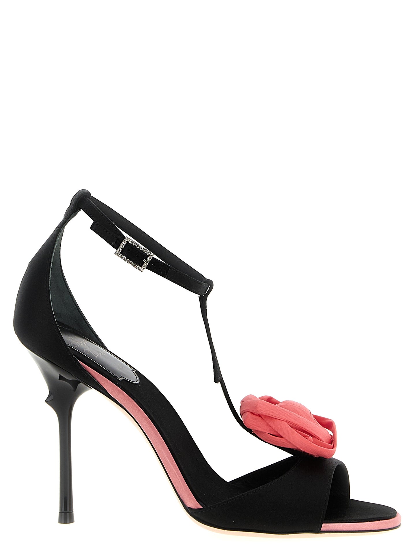 Stiletto T-Strap Strap Sandals by Roger Vivier for women in viscose silk satin & leather black, rose & floral features an architectural design from the Women's Viscose Silk Satin & Leather Stiletto T-Strap Strap Sandals collection, defined by a architectural stiletto and for a architectural finish.