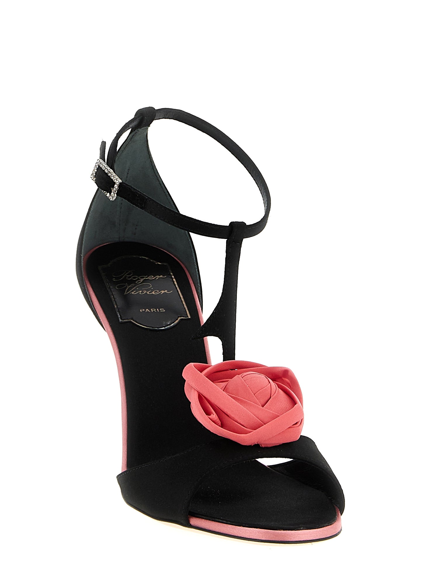 Stiletto T-Strap Strap Sandals by Roger Vivier for women in viscose silk satin & leather black, rose & floral features an architectural design from the Women's Viscose Silk Satin & Leather Stiletto T-Strap Strap Sandals collection, defined by a architectural stiletto and for a architectural finish.