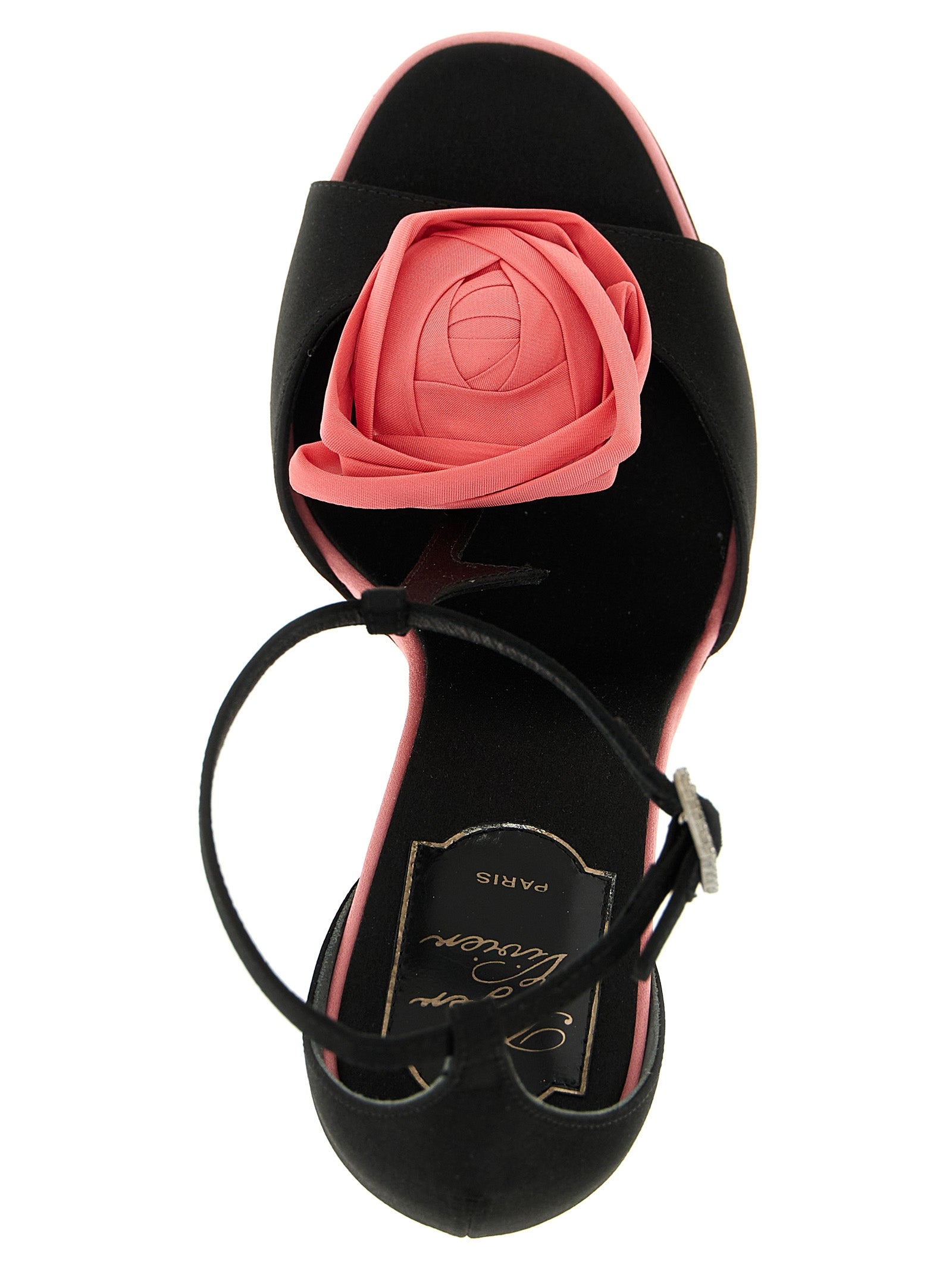 Stiletto T-Strap Strap Sandals by Roger Vivier for women in viscose silk satin & leather black, rose & floral features an statuesque Women's Viscose Silk Satin & Leather Stiletto T-Strap Strap Sandals silhouette with a refined stiletto and elegant .