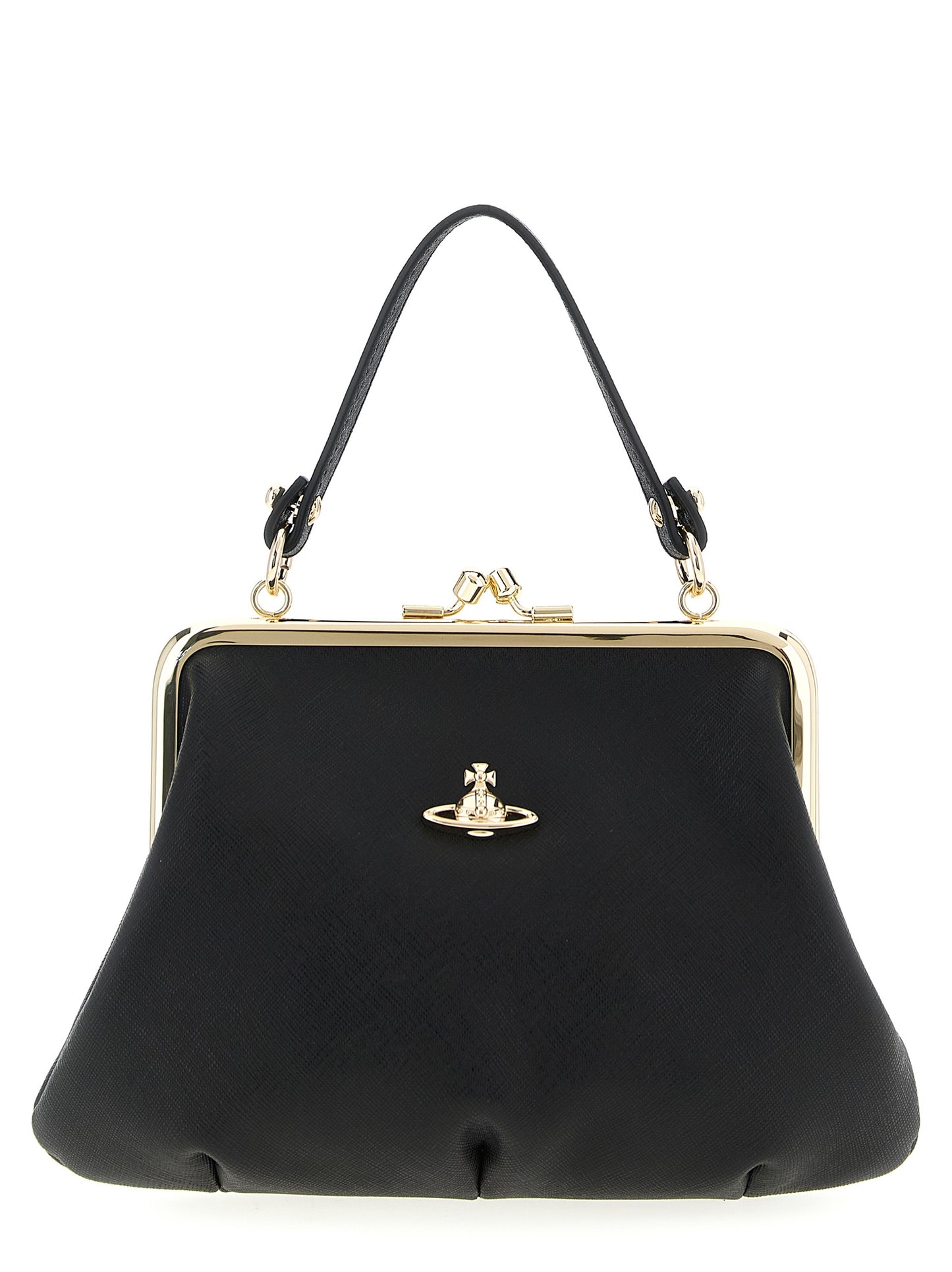 Frame Handbag by Vivienne Westwood for women in cotton & saffiano leather black features a refined silhouette, showcasing a secure snap, organized , and versatile shoulder-strap, handle & detachable-strap for a refined finish.