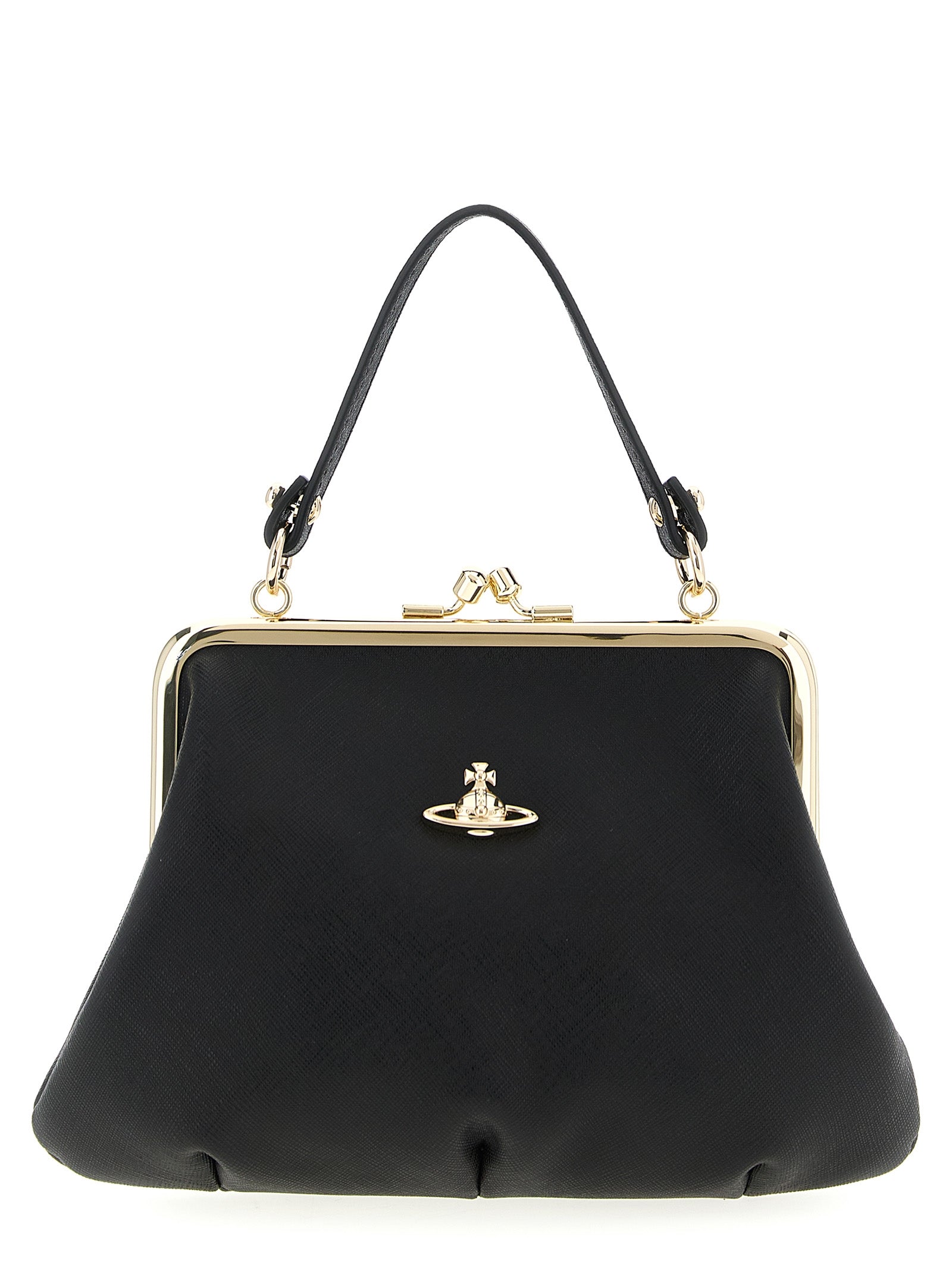 Frame Handbag by Vivienne Westwood for women in cotton & saffiano leather black features a refined silhouette, showcasing a secure snap, organized , and versatile shoulder-strap, handle & detachable-strap for a refined finish.