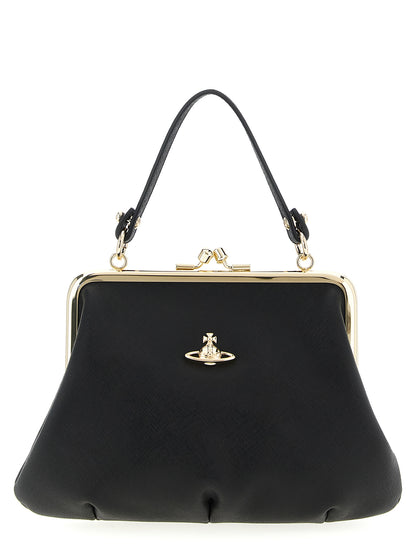 Frame Handbag by Vivienne Westwood for women in cotton & saffiano leather black features a refined silhouette, showcasing a secure snap, organized , and versatile shoulder-strap, handle & detachable-strap for a refined finish.