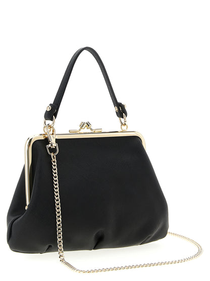 Frame Handbag by Vivienne Westwood for women in cotton & saffiano leather black features a exquisite silhouette, showcasing a secure snap and exquisite with versatile shoulder-strap, handle & detachable-strap for a exquisite finish.