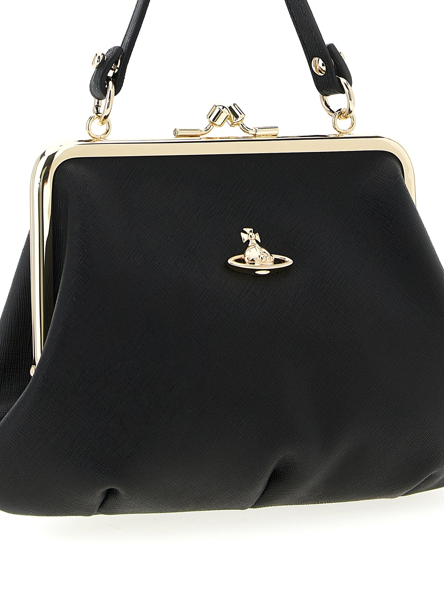 This Frame Handbag by Vivienne Westwood for women in cotton & saffiano leather and black presents a sculptural silhouette featuring a secure snap, ample , and versatile shoulder-strap, handle & detachable-strap for a sculptural finish.