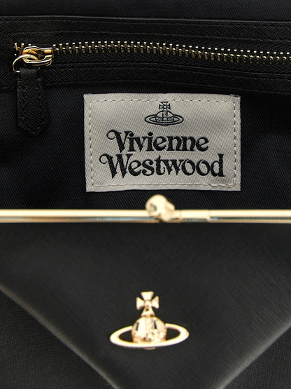 Frame Handbag by Vivienne Westwood for women in cotton & saffiano leather black features a contemporary silhouette, showcasing a secure snap, ample , and contemporary shoulder-strap, handle & detachable-strap for a sophisticated look.