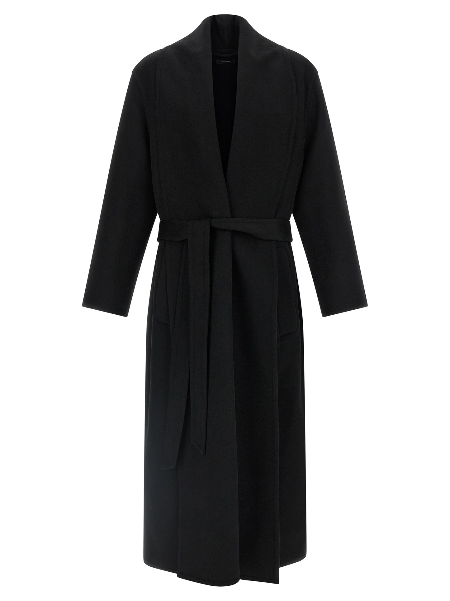 Overcoat by Tom Ford for men in cashmere virgin wool black presents a luxurious silhouette, showcasing a luxurious split shawl-collar neckline and sophisticated pockets for a premium, luxurious look.