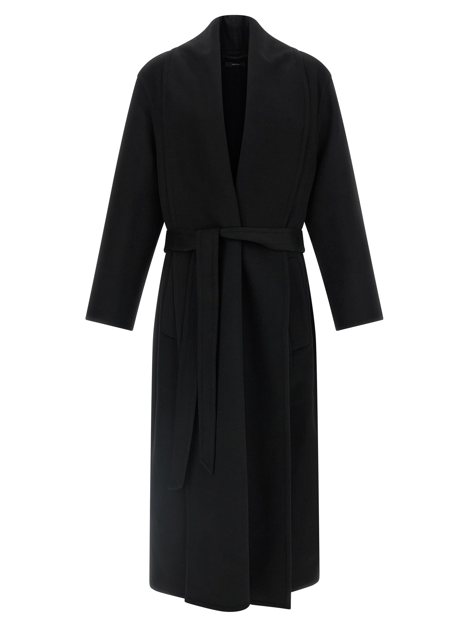 Overcoat by Tom Ford for men in cashmere virgin wool black presents a luxurious silhouette, showcasing a luxurious split shawl-collar neckline and sophisticated pockets for a premium, luxurious look.