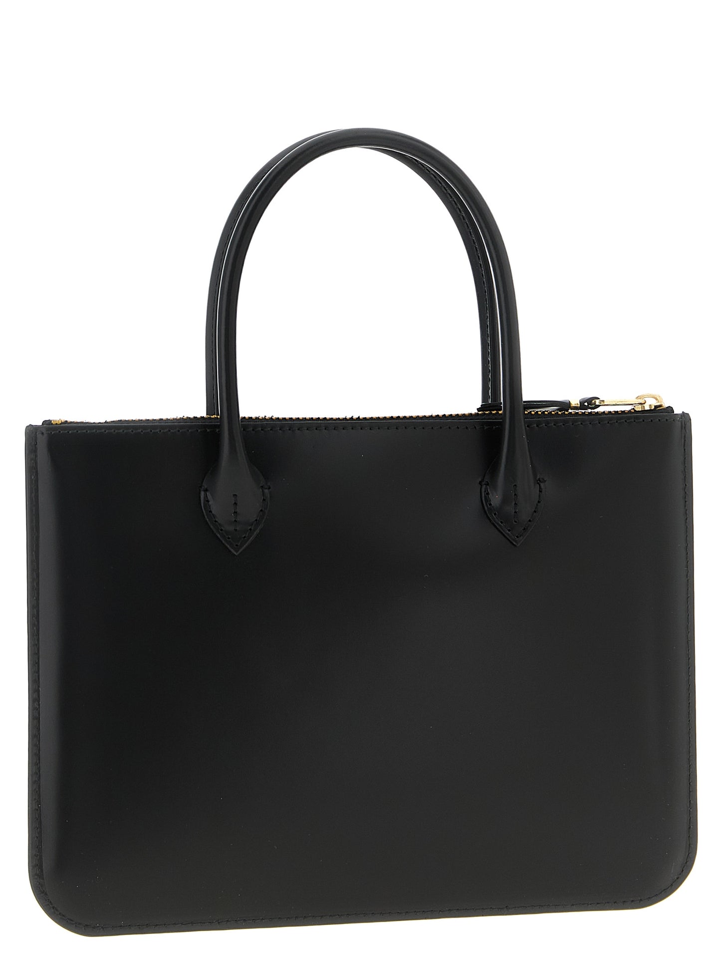 This Handbag by Comme Des Garçons for unisex in leather and black presents a sculptural silhouette featuring a secure zipper, ample , and versatile handle for a sculptural finish.