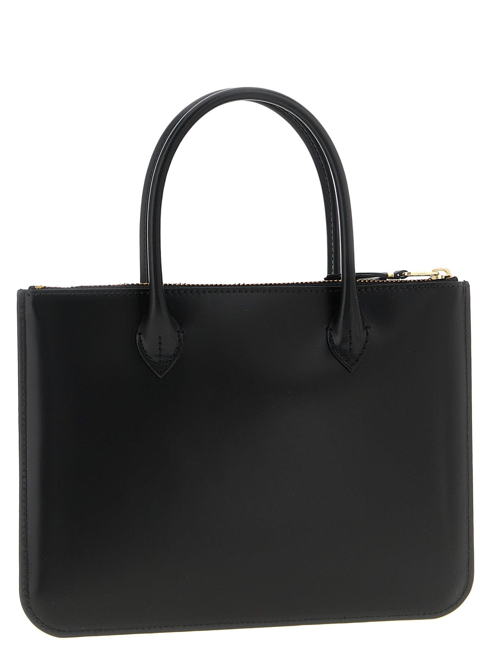 This Handbag by Comme Des Garçons for unisex in leather and black presents a sculptural silhouette featuring a secure zipper, ample , and versatile handle for a sculptural finish.