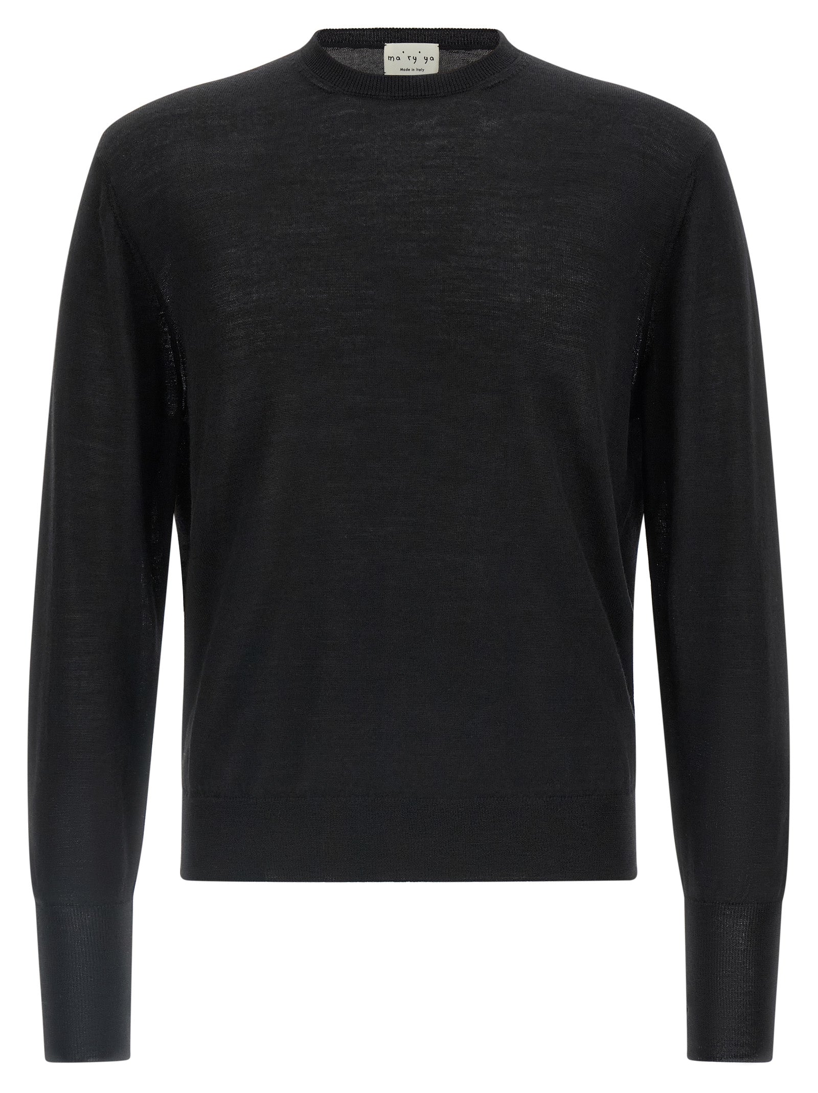 Cardigan by MA'RY'YA for men in cashmere modacrylic merino wool blend black presents a textural silhouette, artfully finished with a textural crew neckline and for a sophisticated, textural look.