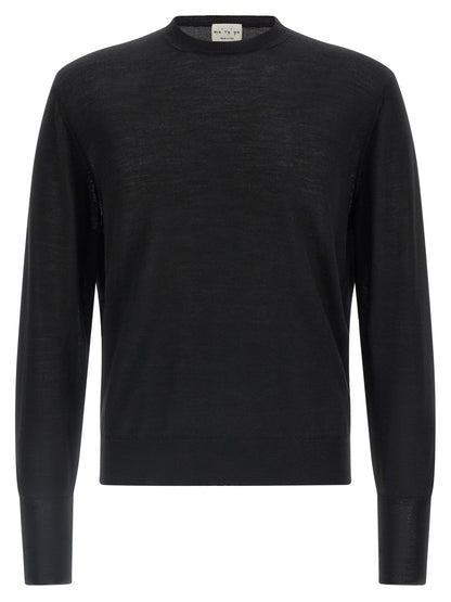 Cardigan by MA'RY'YA for men in cashmere modacrylic merino wool blend black presents a textural silhouette, artfully finished with a textural crew neckline and for a sophisticated, textural look.