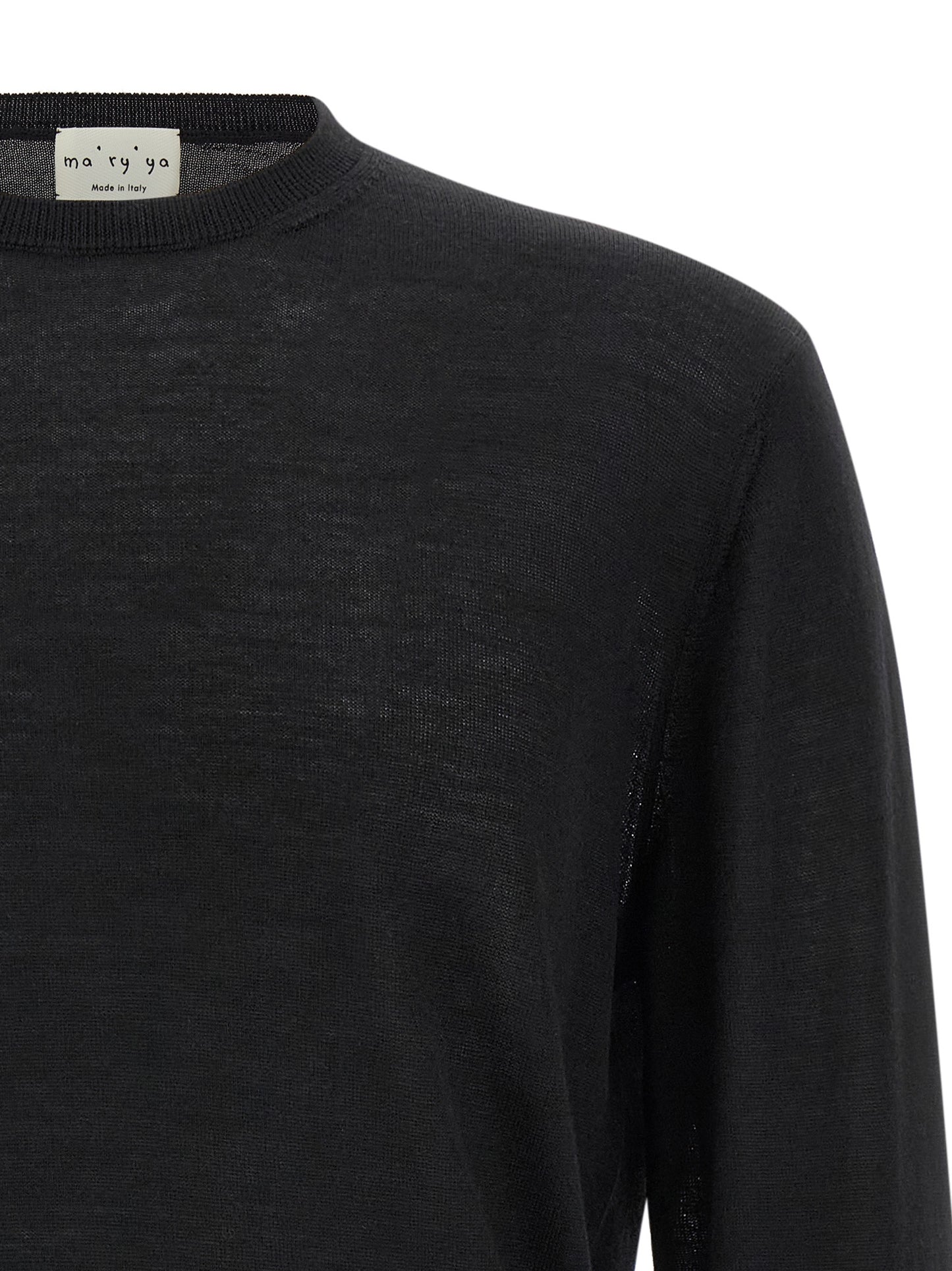 Cardigan by MA'RY'YA for men in cashmere modacrylic merino wool blend black features a dramatic silhouette, showcasing a sophisticated crew neckline and dramatic detail for a timeless, premium look.