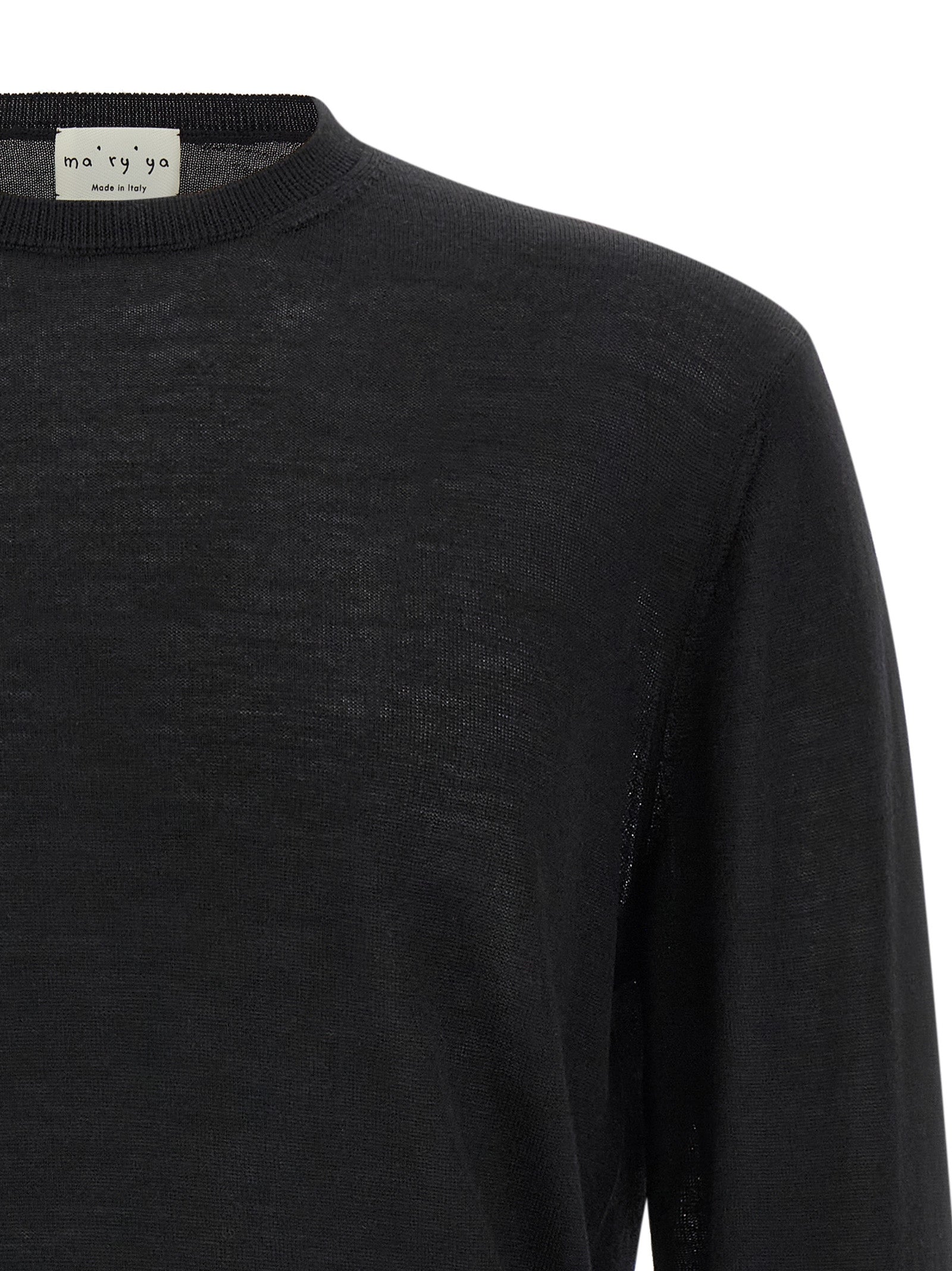 Cardigan by MA'RY'YA for men in cashmere modacrylic merino wool blend black features a dramatic silhouette, showcasing a sophisticated crew neckline and dramatic detail for a timeless, premium look.