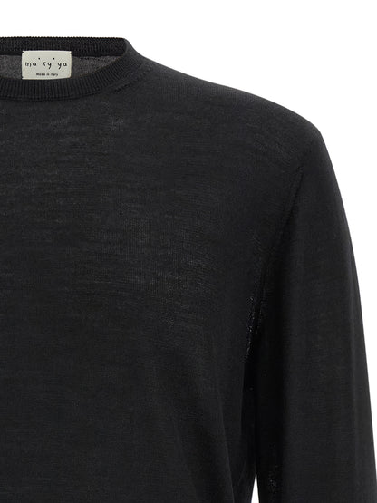 Cardigan by MA'RY'YA for men in cashmere modacrylic merino wool blend black features a dramatic silhouette, showcasing a sophisticated crew neckline and dramatic detail for a timeless, premium look.