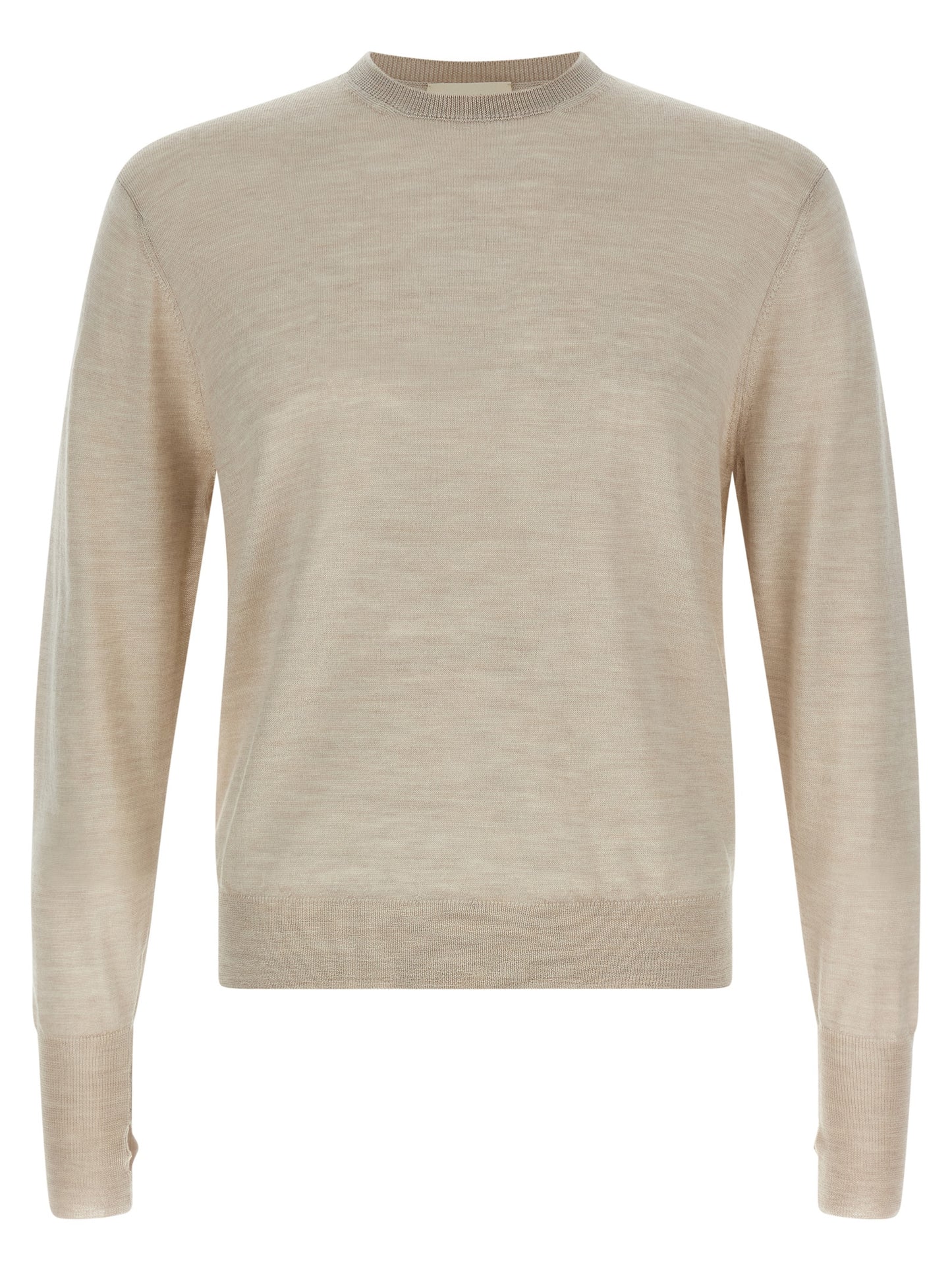 Cardigan by MA'RY'YA for men in cashmere silk virgin wool beige showcases a captivating silhouette, artfully detailed with a captivating and crew neckline for a truly sophisticated captivating look.