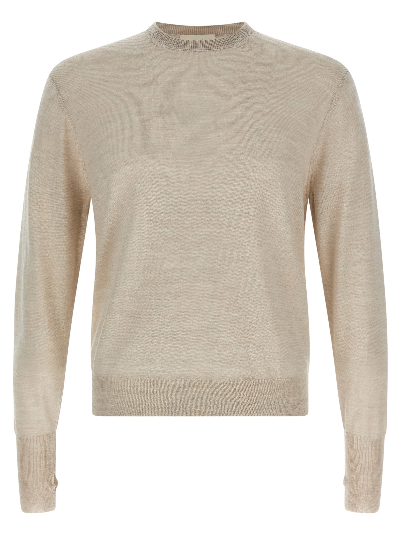 Cardigan by MA'RY'YA for men in cashmere silk virgin wool beige showcases a captivating silhouette, artfully detailed with a captivating and crew neckline for a truly sophisticated captivating look.