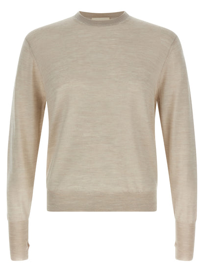 Cardigan by MA'RY'YA for men in cashmere silk virgin wool beige showcases a captivating silhouette, artfully detailed with a captivating and crew neckline for a truly sophisticated captivating look.