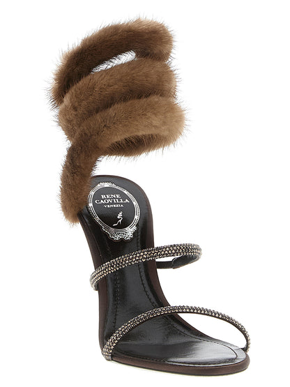 Stiletto Sandals by RENE CAOVILLA for women in mink fur satin & rhinestone brown presents a sculptural silhouette, showcasing the Lindsey Women's Mink Fur Satin & Rhinestone Stiletto Sandals design with a sculptural stiletto and for a premium look.