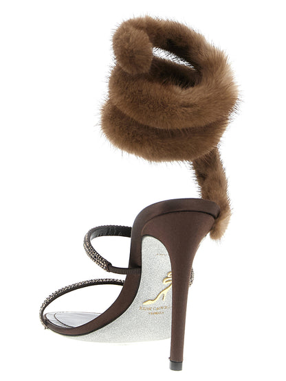 Stiletto Sandals by RENE CAOVILLA for women in mink fur satin & rhinestone brown features an architectural design from the Lindsey Women's Mink Fur Satin & Rhinestone Stiletto Sandals collection, defined by a architectural stiletto and for a architectural finish.