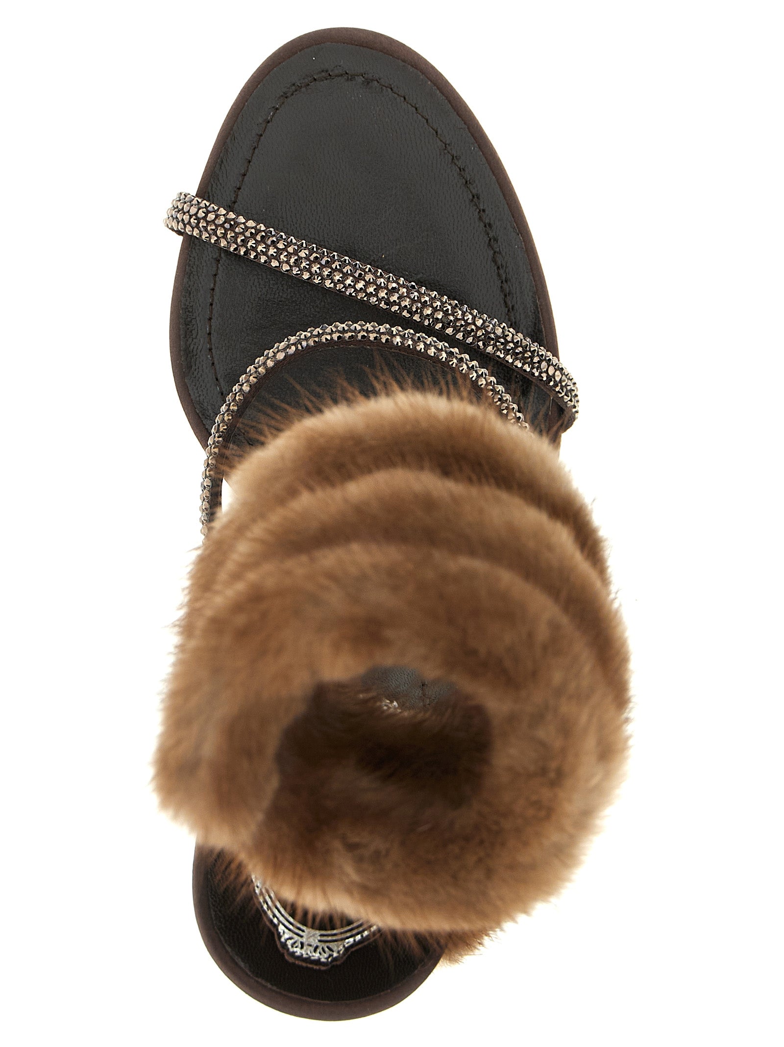 Stiletto Sandals by RENE CAOVILLA for women in mink fur satin & rhinestone brown showcases a sculptural silhouette as Lindsey Women's Mink Fur Satin & Rhinestone Stiletto Sandals, defined by a sculptural stiletto and sculptural for a sculptural look.