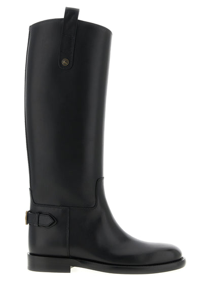 Over-The-Knee Strap Boots by Burberry for women in calfskin leather black & signature features an dynamic silhouette, showcasing the dynamic Women's Calfskin Leather Over-The-Knee Strap Boots design with its distinctive and elegant round toe style.
