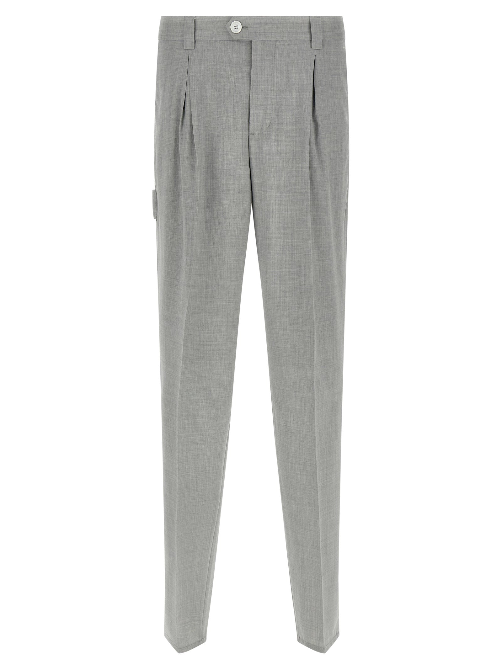 Trousers by Brunello Cucinelli for men in virgin wool & canvas gray features an sartorial silhouette, showcasing a precise regular-fit and long with a sartorial for a refined look.