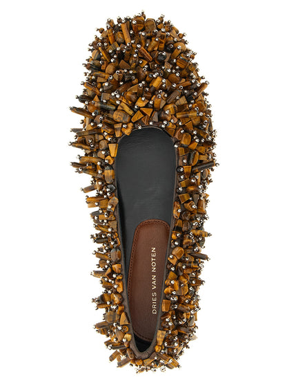 Ballet Flat Shoes by Dries Van Noten for women in viscose silk resin leather brown showcases a enchanting silhouette as part of the Women's Viscose Silk Resin Leather Ballet Flat Shoes collection, defined by a enchanting square toe style and for a enchanting look.