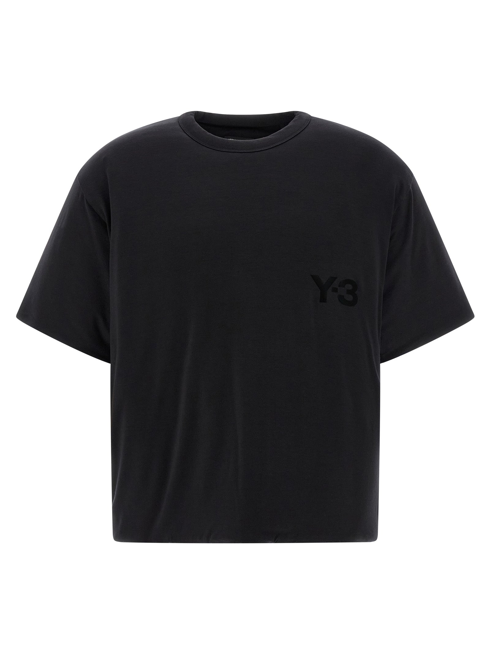 T-Shirt by Y-3 for men in lyocell & silicone black showcases a unassuming silhouette, artfully detailed with a refined crew neckline and unassuming short-sleeve for a sophisticated, contemporary look.