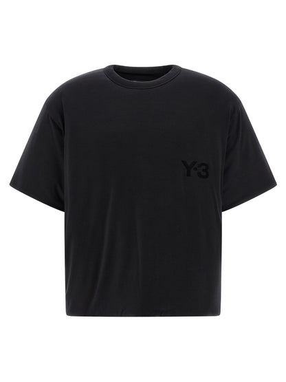 T-Shirt by Y-3 for men in lyocell & silicone black showcases a unassuming silhouette, artfully detailed with a refined crew neckline and unassuming short-sleeve for a sophisticated, contemporary look.