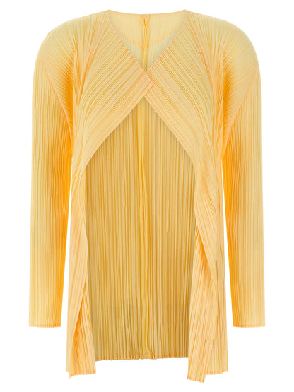Cardigan by PLEATS PLEASE ISSEY MIYAKE for women in polyester bicolour & yellow features a dramatic silhouette, showcasing a sophisticated and dramatic long-sleeve detail for a timeless, premium look.