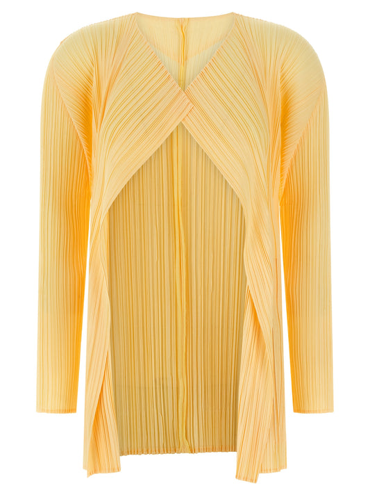 Cardigan by PLEATS PLEASE ISSEY MIYAKE for women in polyester bicolour & yellow features a dramatic silhouette, showcasing a sophisticated and dramatic long-sleeve detail for a timeless, premium look.