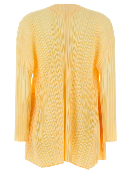 Cardigan by PLEATS PLEASE ISSEY MIYAKE for women in polyester bicolour & yellow presents a textural silhouette, artfully finished with a textural and for a sophisticated, textural look.