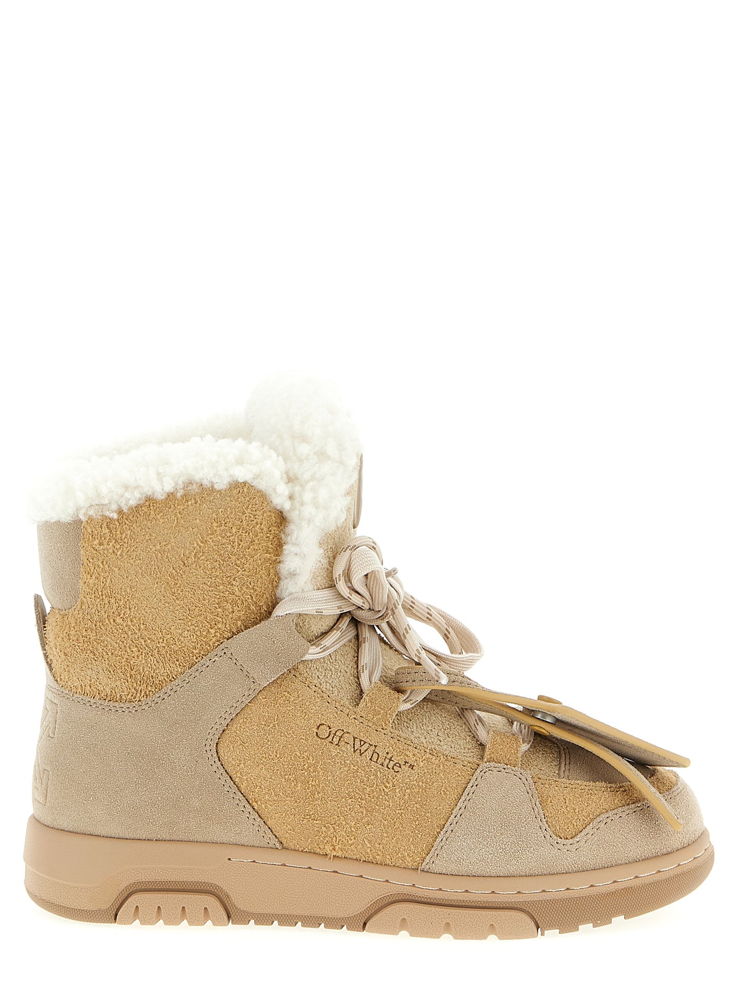 Off-White Women's Plush Calfskin Leather Lace-Up Ankle Winter Boots - Beige White