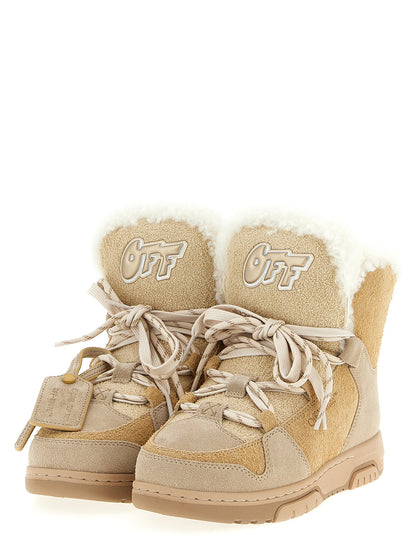 Off-White Women's Plush Calfskin Leather Lace-Up Ankle Winter Boots - Beige White