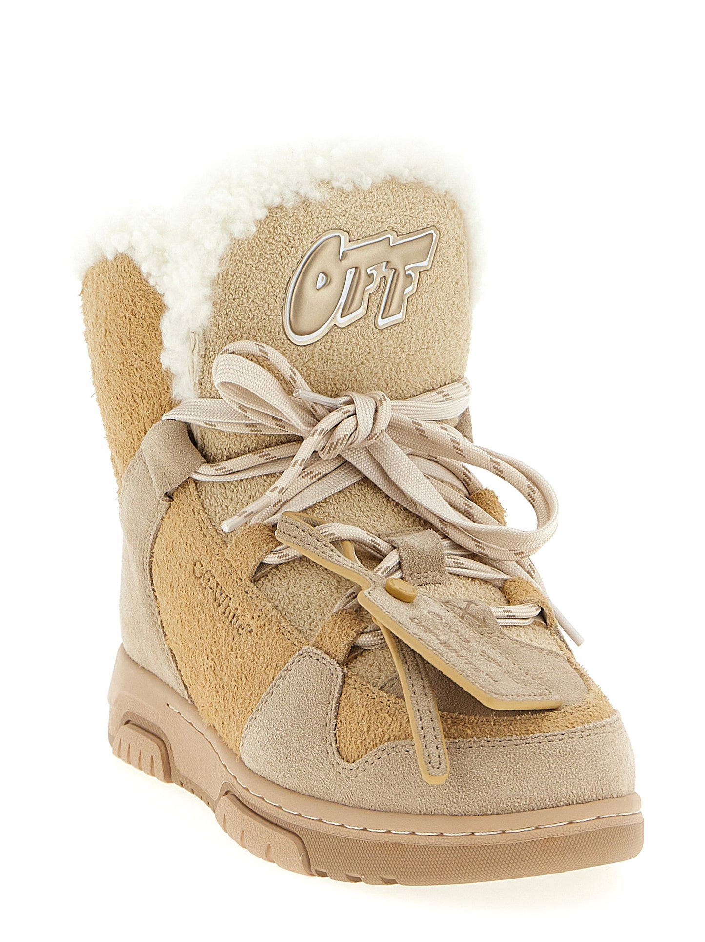 Off-White Women's Plush Calfskin Leather Lace-Up Ankle Winter Boots - Beige White