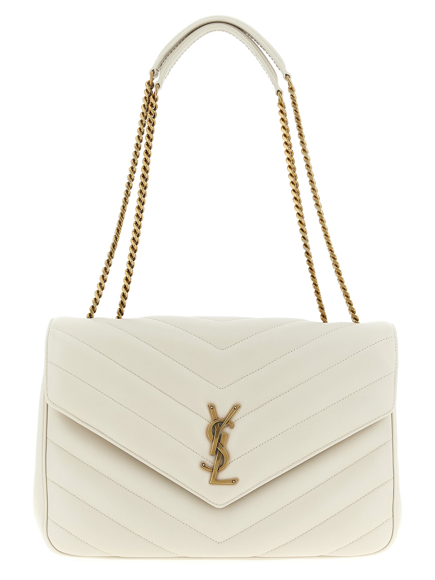 Large Shoulder Quilted Flap Clutch Bag by Saint Laurent for women in polyester cotton & lamb leather beige & chevron presents a versatile silhouette, showcasing a secure flap & magnetic and versatile with versatile shoulder-strap for a sophisticated look.