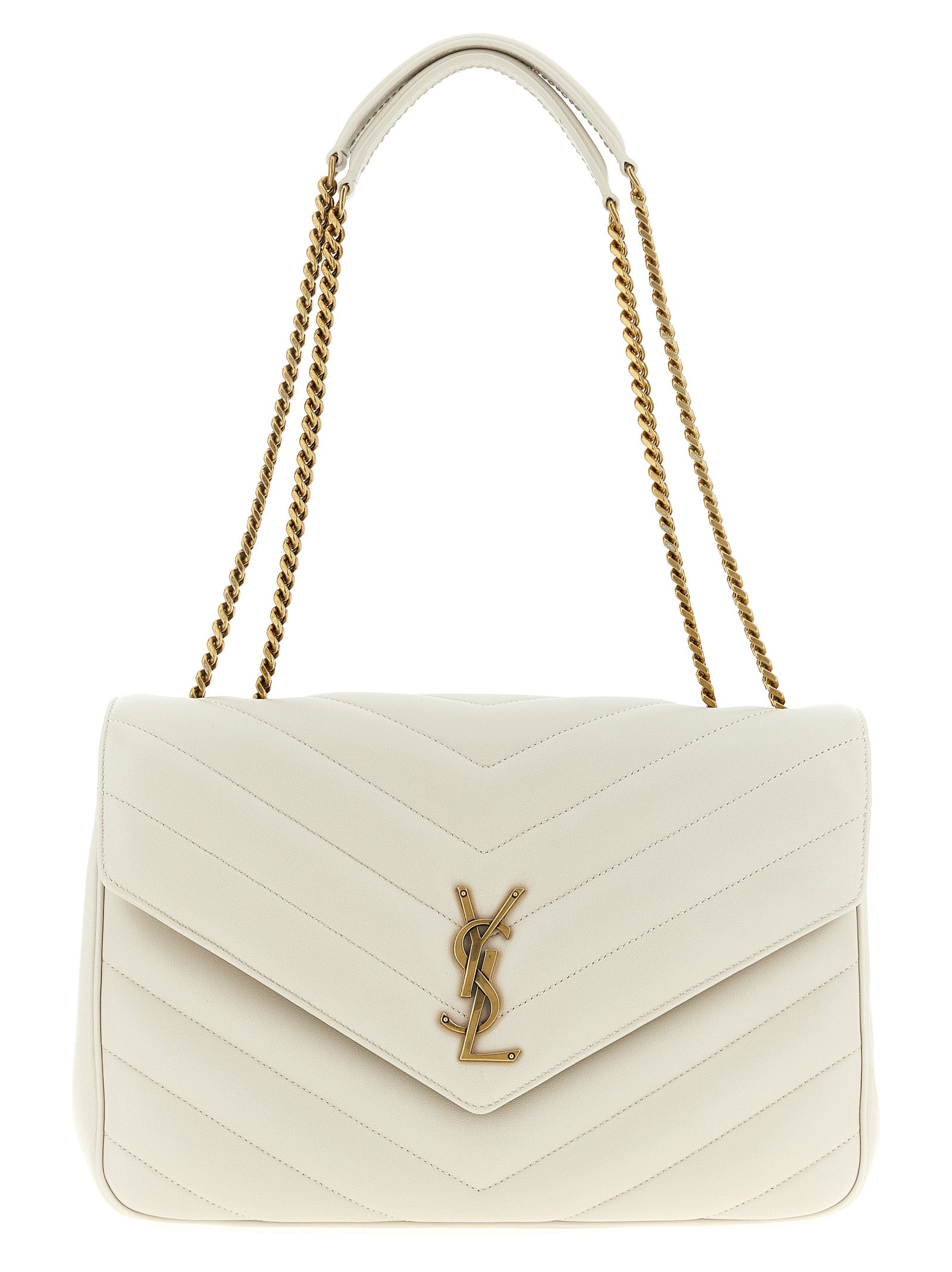Large Shoulder Quilted Flap Clutch Bag by Saint Laurent for women in polyester cotton & lamb leather beige & chevron presents a versatile silhouette, showcasing a secure flap & magnetic and versatile with versatile shoulder-strap for a sophisticated look.