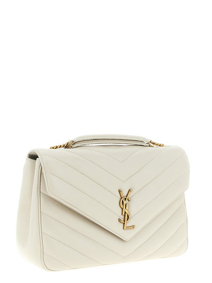 Large Shoulder Quilted Flap Clutch Bag by Saint Laurent for women in polyester cotton & lamb leather beige & chevron showcases a enviable silhouette, artfully detailed with a secure flap & magnetic, organized , and versatile shoulder-strap for a enviable look.